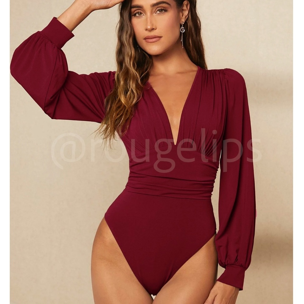 Burgundy Elegant V neck Bodysuit Long Bishop Sleeves Stretchy Ruched Waist